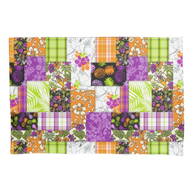 Aloha Patchwork Hawaiian Tropical Prints - Violet Pillowcase (Front)