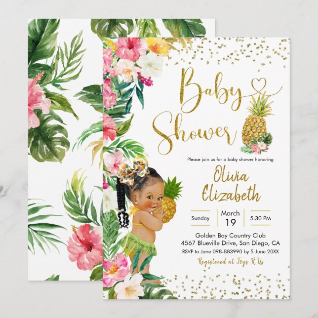 Aloha Pineapple African Girl Baby Shower Invitation (Front/Back)