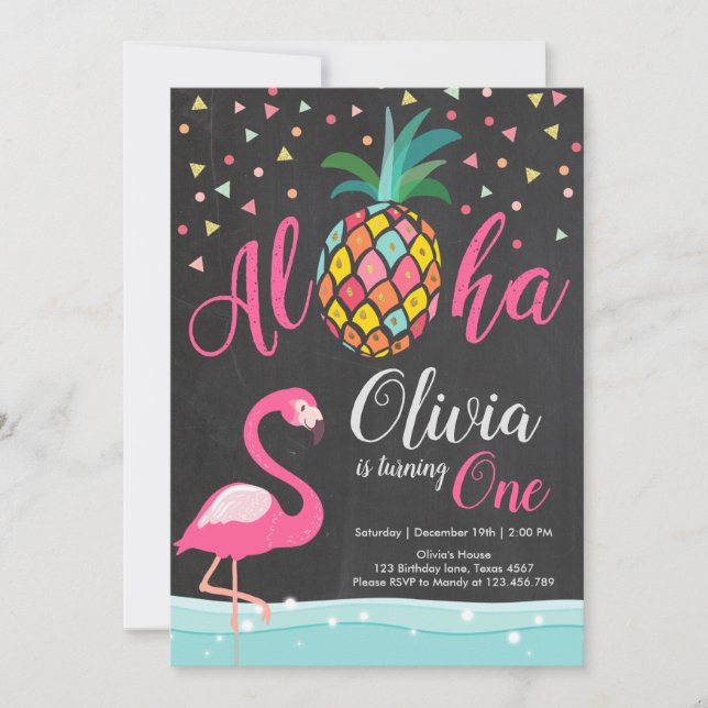 Aloha Pineapple Flamingo Birthday Invitation Pink (Front)