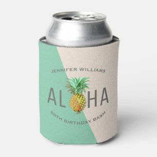 Aloha Pineapple, Linen Texture 50th Birthday Bash Can Cooler