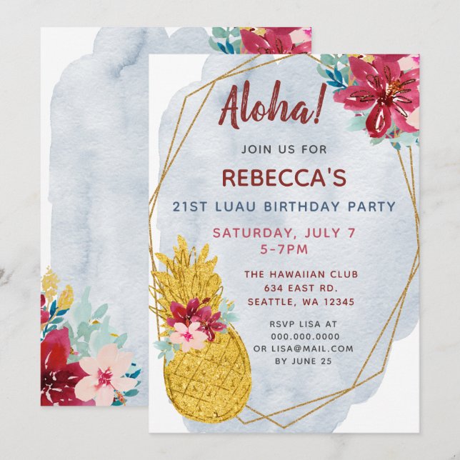 Aloha Pineapple Luau Birthday Party Invitation (Front/Back)