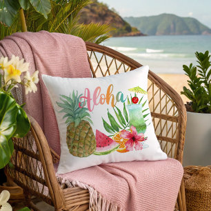 Aloha Pineapple Palm Hibiscus & Tropical Cocktail Throw Pillow