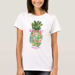 Aloha Pineapple Tropical Floral Personalized Name T-Shirt