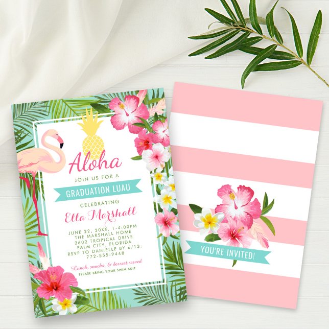 Aloha Pink Flamingo Tropical Graduation Luau Party Invitation (Creator Uploaded)