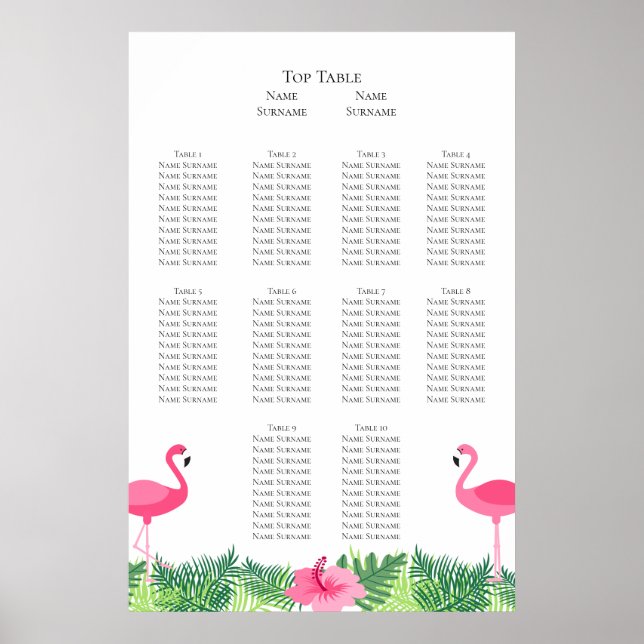 Aloha Pink Flamingo Tropical Wedding Seating Plan Poster (Front)