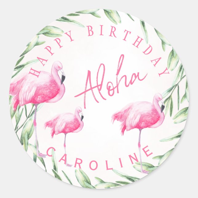 Aloha pink flamingos tropical happy birthday classic round sticker (Front)