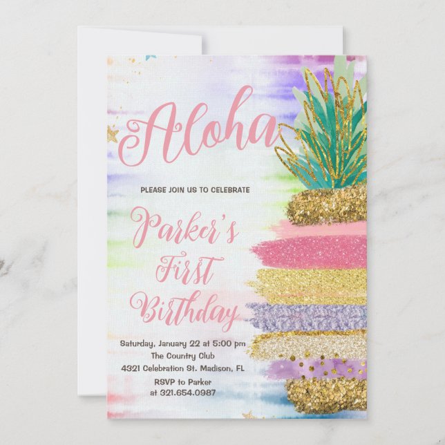 Aloha Pink Gold Rainbow Pineapple Birthday Invitation (Front)