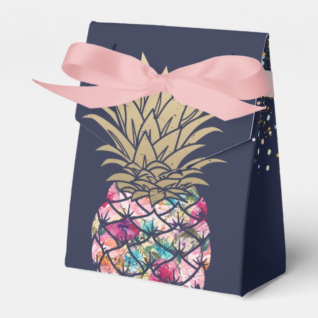 Aloha Pink Pineapple Floral Navy Blue Birthday Favor Box (Front Side)