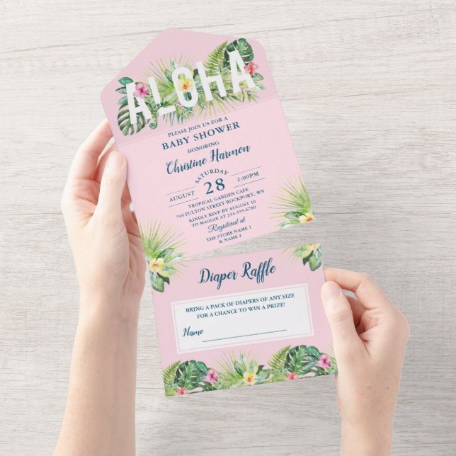 Aloha Pink Tropical Girl Baby Shower Diaper Raffle All In One Invitation (Tearaway)