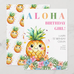 Aloha Pink Tropical Pineapple Happy 1st Birthday Card