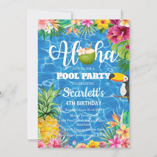 Aloha piscine fête Hawaii anniversaire invitation (Devant)