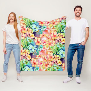 Aloha Plumeria Flowers Watercolor  Fleece Blanket