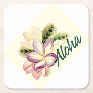Aloha Plumeria Square Paper Coaster