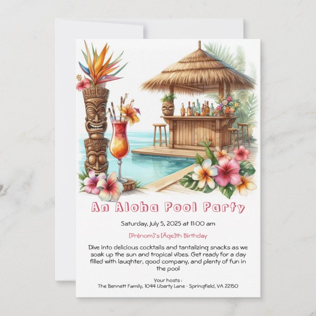 Aloha Pool Party Birthday Invitation – Tropical (Front)