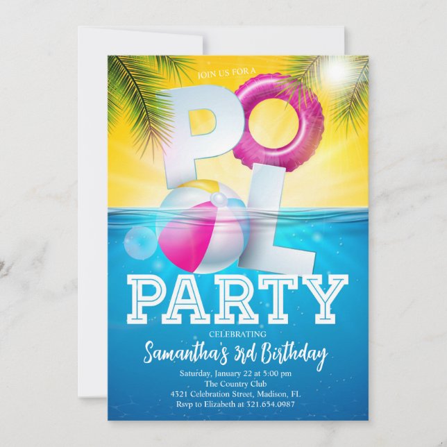 Aloha Pool Party Floral Birthday Invitation (Front)