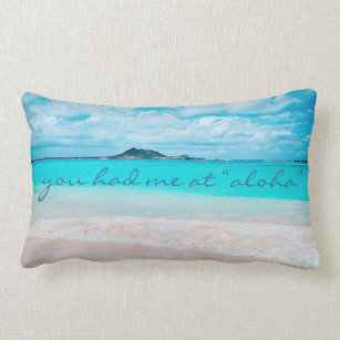 “Aloha” Quote Turquoise Ocean & Sandy Beach Ph Lumbar Pillow