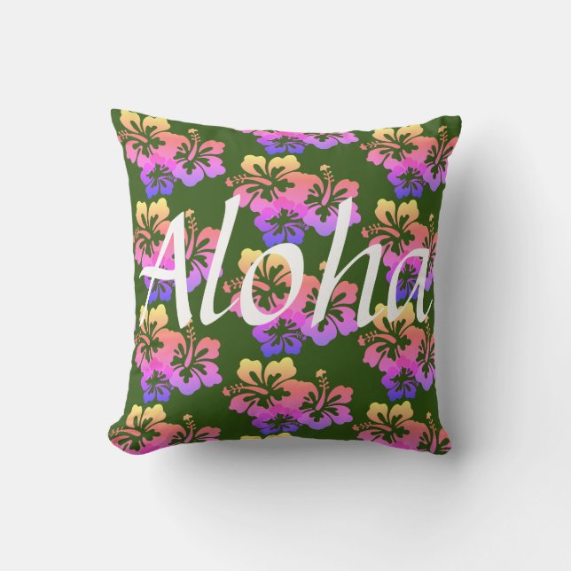 Aloha Rainbow Hibiscus Throw Pillow (Front)