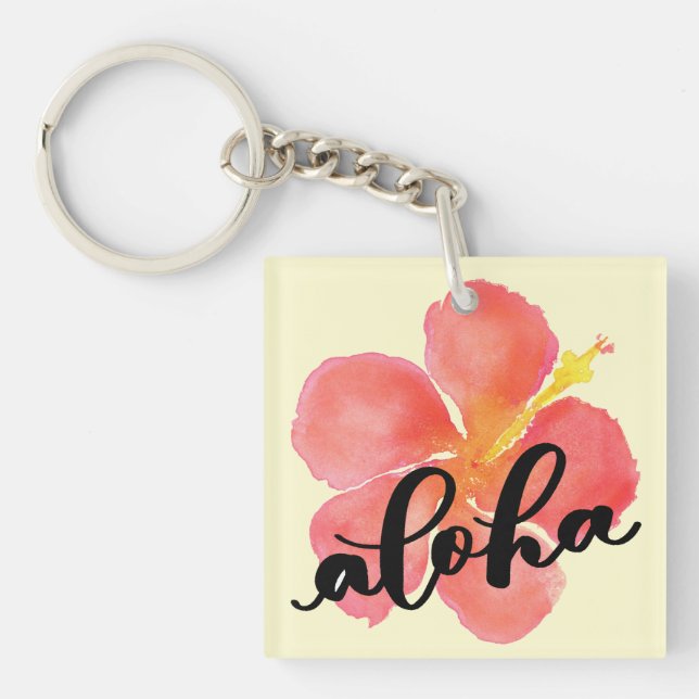 Aloha Red Hibiscus Square Keychain Mini (Front)