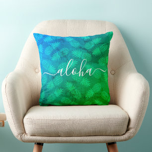 Aloha Script Blue Green Pineapple Pattern Tropical Throw Pillow