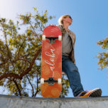 Aloha script orange pineapple pattern cool modern skateboard<br><div class="desc">“Aloha”. Bring a bit of the Hawaiian islands to your city streets whenever you use this brightly colored, chic, striking, stylish, modern skateboard sporting crisp, white handwritten script typography over a distressed graphic, pineapple pattern in a vivid yellow and orange ombre. Makes a fun and stylish statement every time you...</div>