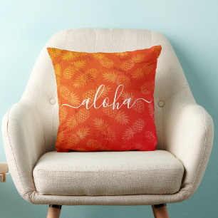 Aloha Script Orange Pineapple Pattern Tropical Throw Pillow