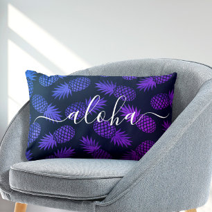 Aloha script purple blue ombre pineapple pattern lumbar pillow