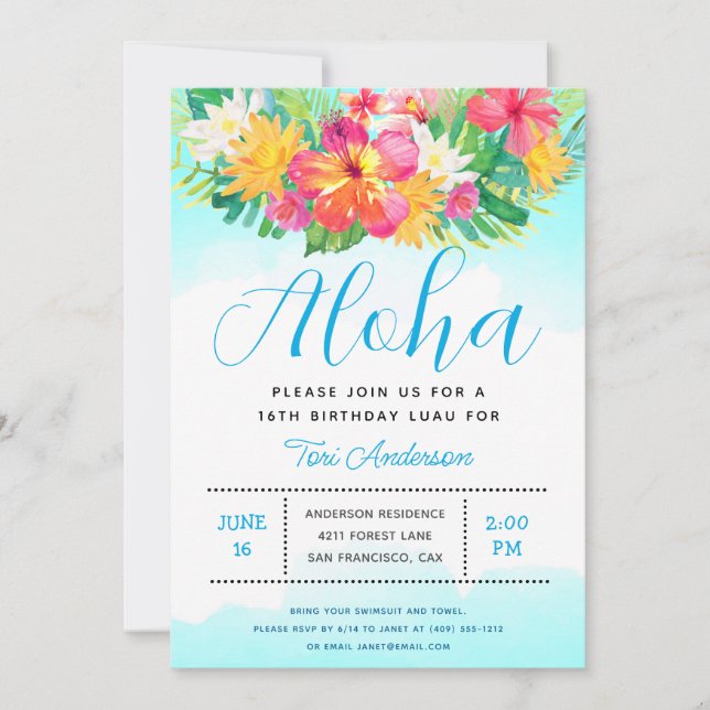 Aloha Script Tropical Birthday Luau Blue Invitation (Front)