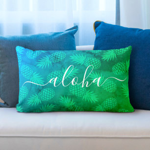 Aloha script turquoise green pineapple pattern lumbar pillow