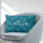 Aloha script typography teal pineapple pattern lumbar pillow<br><div class="desc">“Aloha”. Bring a bit of Hawaiian island hospitality into your home with this chic, striking, stylish, modern lumbar throw pillow sporting crisp, white handwritten script typography over a graphic, pineapple pattern in in teal and blue green. Makes a fun and stylish statement every time you relax on it. A great...</div>