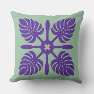 Aloha Spirit Hawaiian Quilt - Monstera & Paddles Throw Pillow