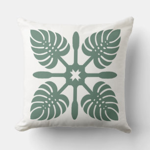 Aloha Spirit Hawaiian Quilt - Monstera & Paddles Throw Pillow