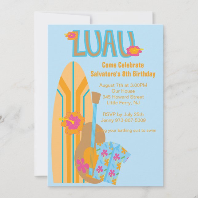 Aloha Surf Board Hawaiian Birthday Invitation (Front)