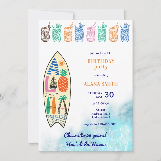 Aloha TIKI Tropical Luau Hawaiian Birthday Party Invitation (Front)