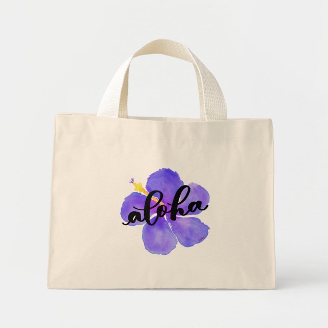 Aloha Tote Bag with Purple Hibiscus Flower (Front)