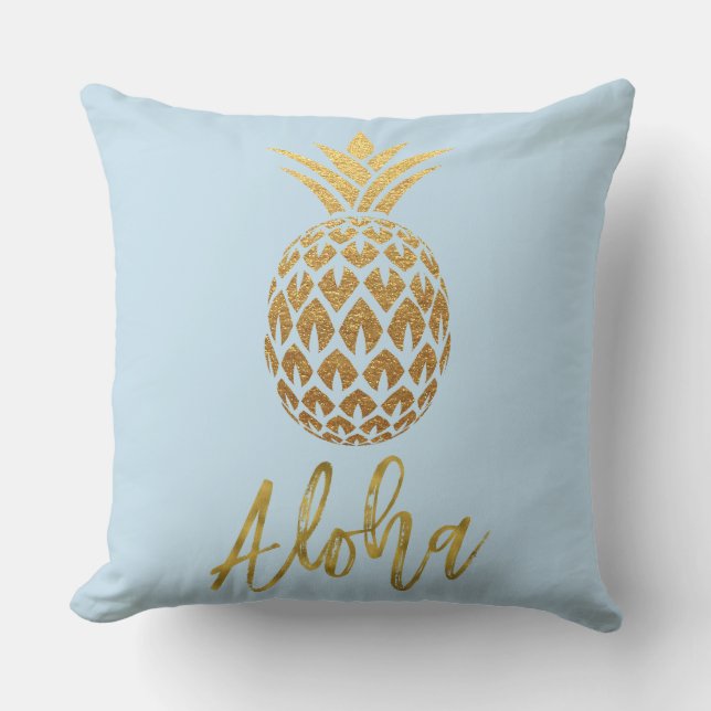 Aloha Tropical Ananas Coussin bleu et or à huile (Recto)