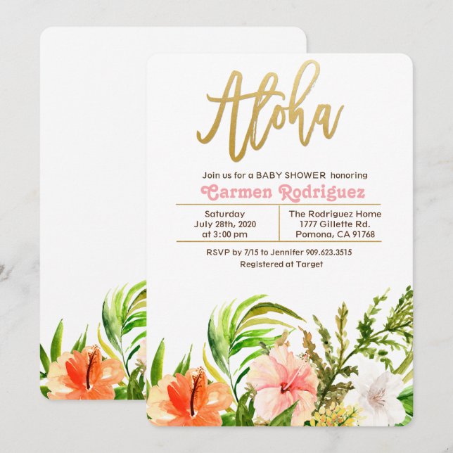 Aloha Tropical Baby Shower Floral Invitation (Front/Back)
