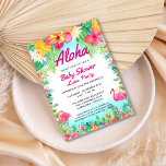 Aloha Tropical Baby Shower Luau Invitation<br><div class="desc">Features bright tropical hibiscus flowers,  fun flamingos,  and personalized with your information.  Perfect for celebrating the coming arrival!  Matching tropical party accessories available.  Design©Rosalind Moore,  Cherry Lane Designs.</div>