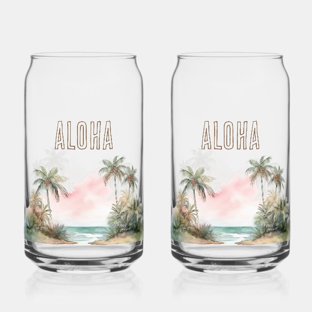 Aloha Tropical Beach Palm Trees Can Glass (Front)