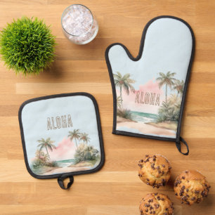Aloha Tropical Beach Palm Trees Oven Mitt & Pot Holder Set