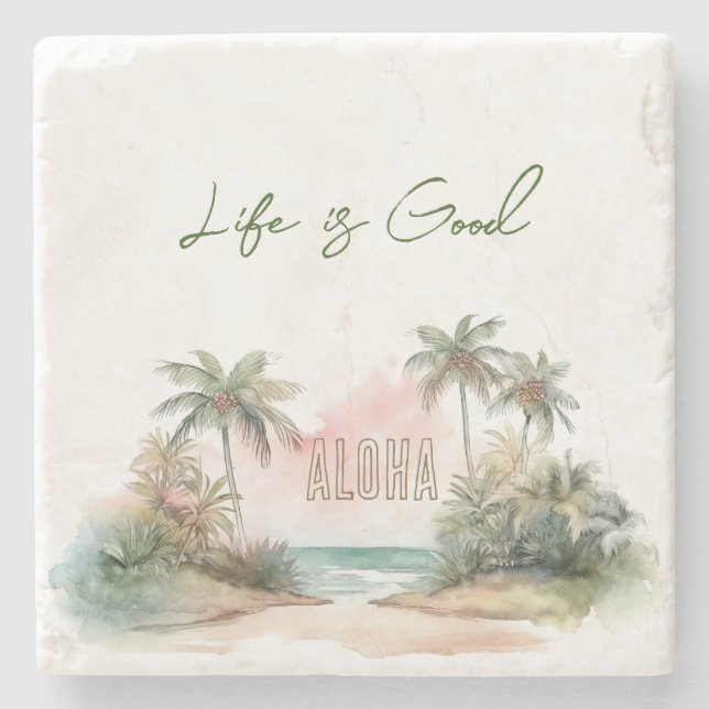 Aloha Tropical Beach Palm Trees Stone Coaster (Front)