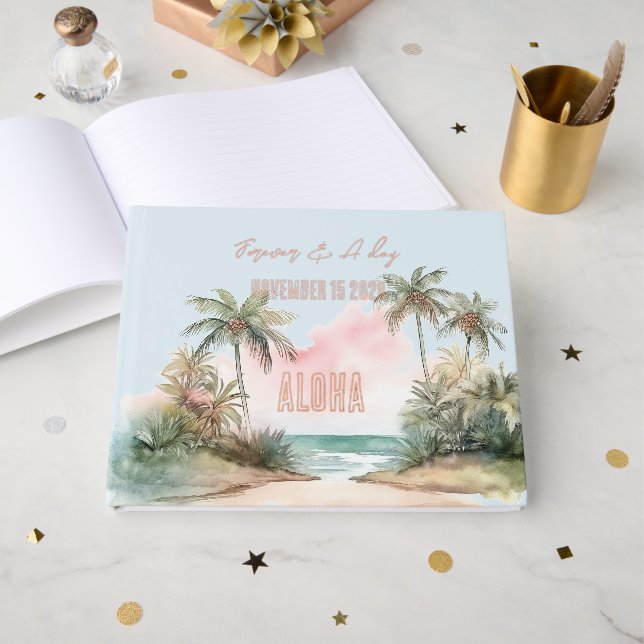 Aloha Tropical Beach Palm Trees Wedding Guest Book (Front Open)