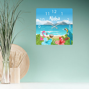 Aloha tropical beach with flamingo and flowers square wall clock