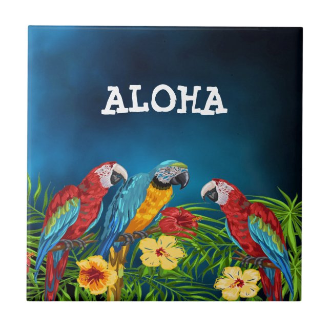 Aloha tropical blue sky parrots palm leaves tile (Front)