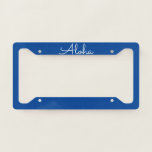 Aloha Tropical Blue White Nautical Beach Colours License Plate Frame<br><div class="desc">Designed with text template for "Aloha" in blue background. You may change the background colour as you like.</div>