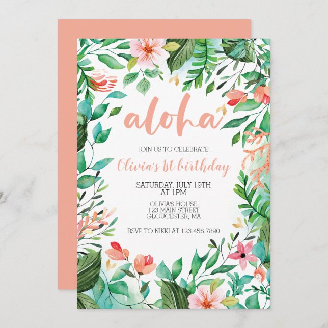 Aloha Tropical first birthday luau Invitation (Front/Back)
