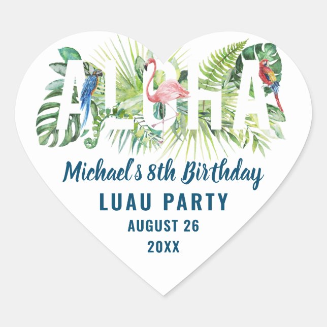 Aloha Tropical Flamingo Birthday Party Favour Heart Sticker (Front)