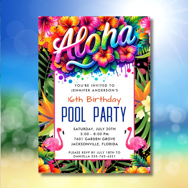 Aloha Tropical Flamingo Birthday Pool Party  Invitation (Creator Uploaded)