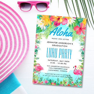 Aloha Tropical Flamingo Graduation Luau Party Invitation