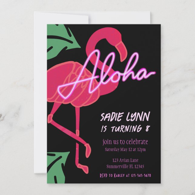Aloha Tropical Flamingo Hawaiian Birthday Invitation (Front)