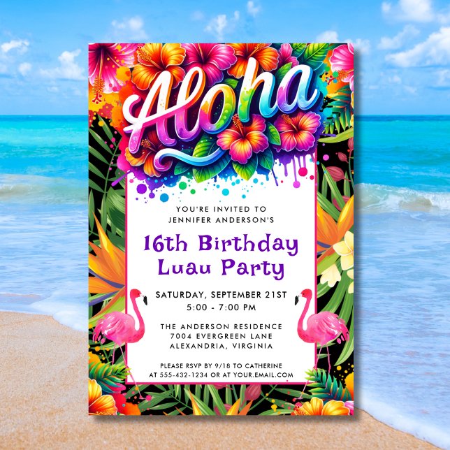 Aloha Tropical Flamingo Luau Birthday Party Invitation (Creator Uploaded)